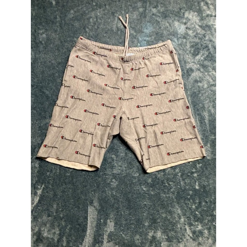 Champion Reverse Weave Logo Fleece Shorts Mens XL Gray All Over Print Raw Hem